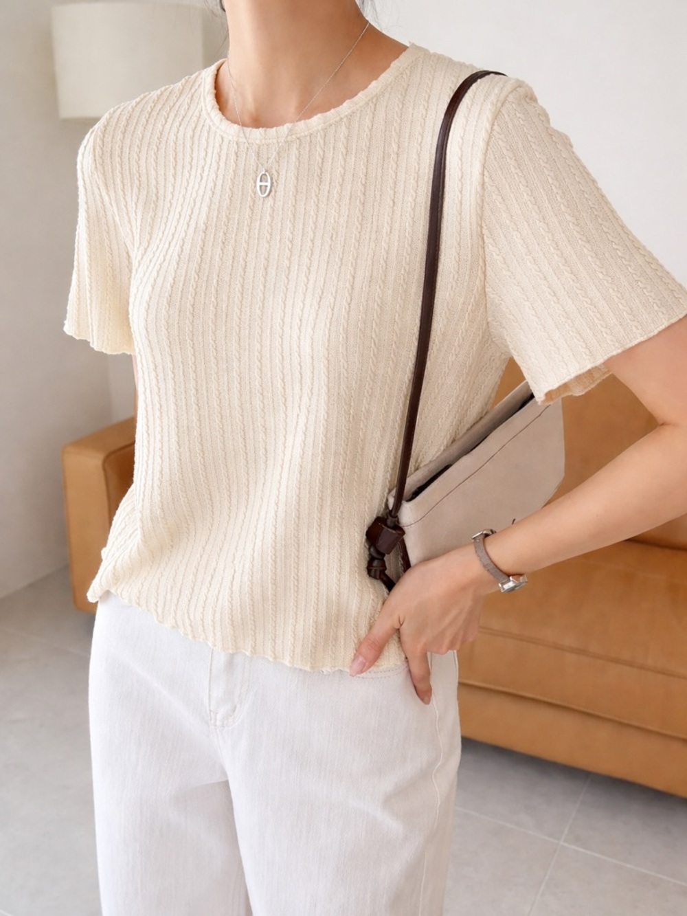 Off White Beige Short Sleeve Textured Knit Tee